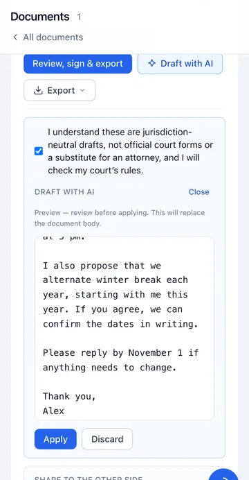 A document with Draft with AI open: a preview of the revised letter with Apply and Discard buttons, under a checkbox confirming these are general drafts, not official court forms.