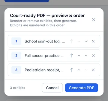 The Print-ready PDF preview: three exhibits in order, each with up and down arrows to reorder, and a Generate PDF button.