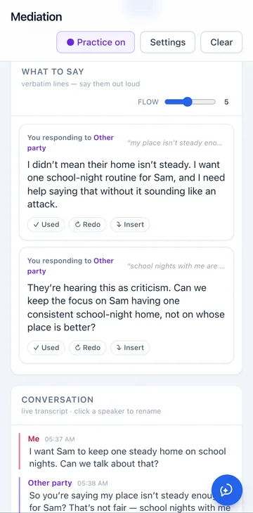 Mediation practice: What to say cards with calm, word-for-word replies, above a live transcript of the practice conversation.